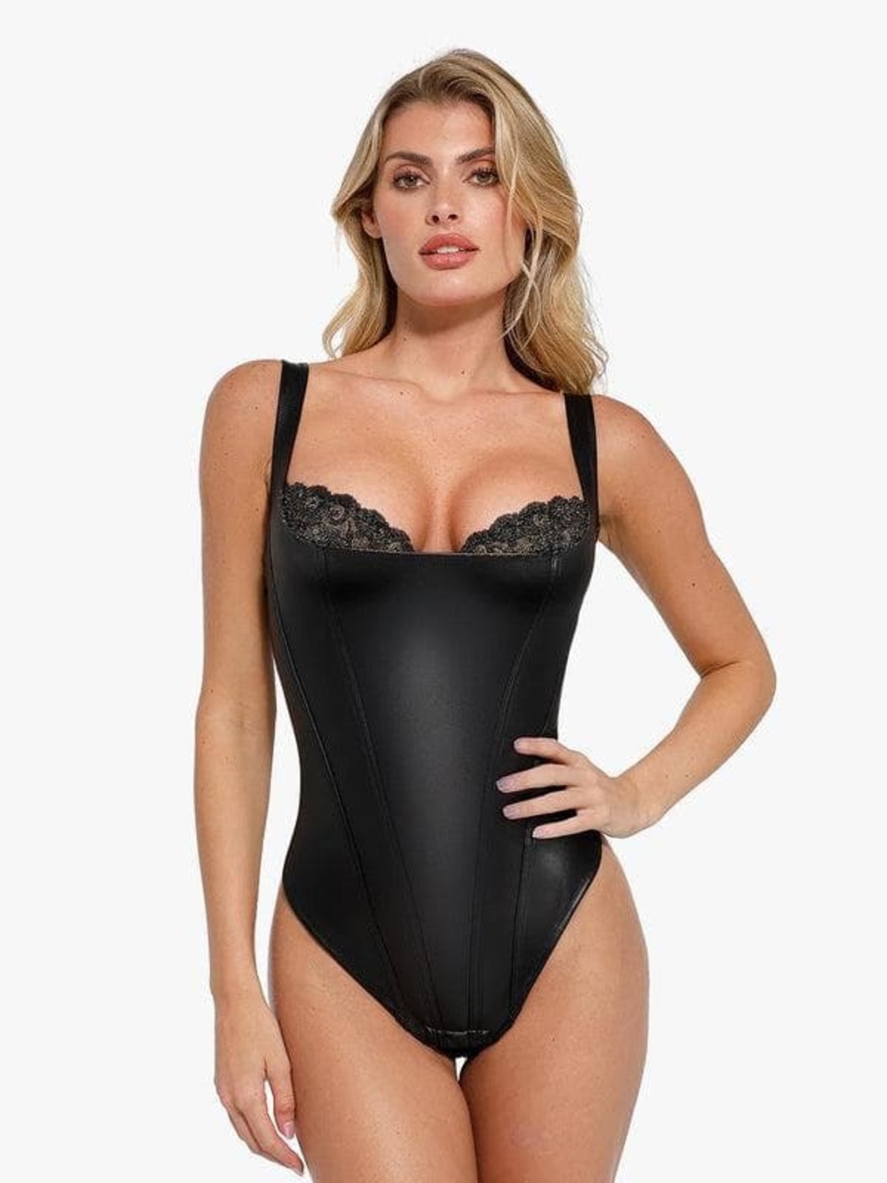 NWT Popilush Shapewear Faux Leather Lace Balconette Sculpting Bodysuit